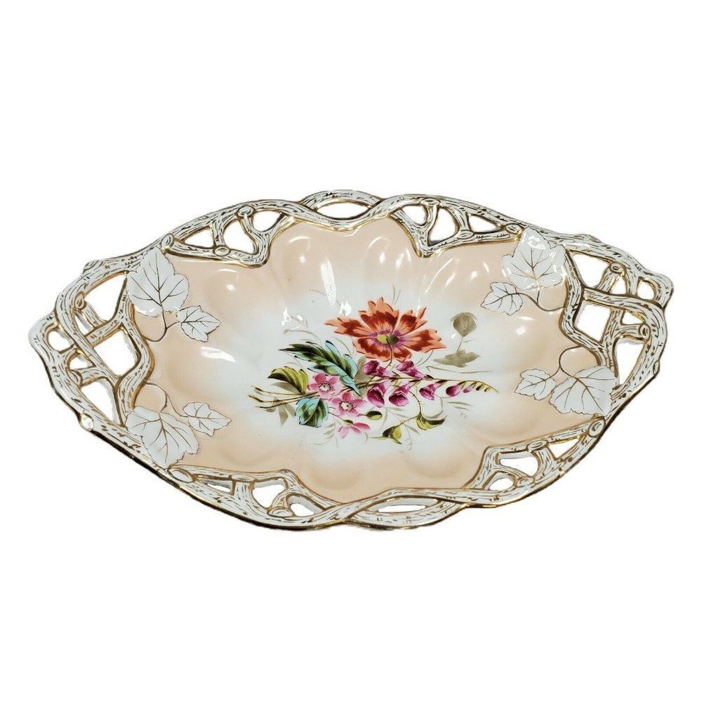 CT Altwasser Silesia Antique Serving Bowl Floral Hand Painted Scalloped 13.5"
